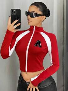 SHEIN ICON Women's Tight Fit T-Shirt With Stand Collar, Color Block Patchwork & Rivet Decor - Red and White - View 1