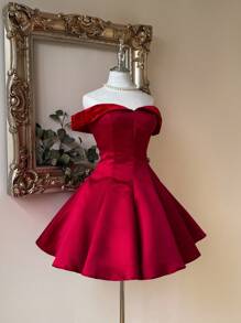 SHEIN Belle Elegante y lujoso vestido rojo con hombros descubiertos y parches de satén con diseño evasé para boda, fiesta, vacaciones, baile de graduación (con adornos elaborados), vestido semi formal para cumpleaños, invitado de boda, fiesta de graduación - Rojo - Ver 3