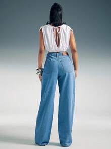 Denimoi Straight Leg Drawstring Tie Waist Denim Jeans Summer Vacation Straight Jeans Drawstring Jeans - Light Wash - View 5