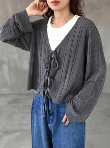 FRIFUL Women's Casual Solid Color Lace-Up Long Sleeve T-Shirt, Spring/Autumn Tie Front Sweater Gray Sweater Knit Top Ribbed Sweater Knitwear