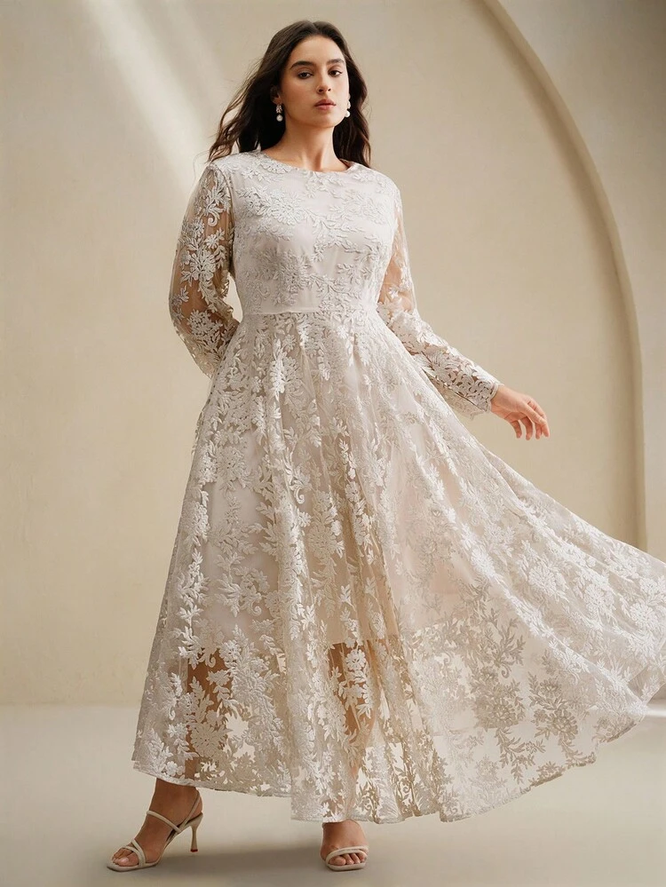 Vestido de manga larga de lujo de alta gama, vestido elegante de encaje para invitada de boda con un toque de gracia, talla grande