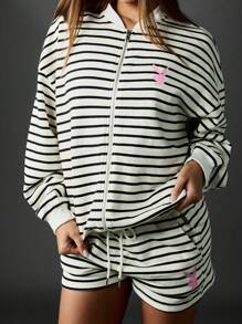 Missguided x Playboy 条纹全拉链运动衫，双口袋设计，家居服，长袖休闲针织，秋冬街头装，舒适休闲，日常必备时尚前卫 - 黑與白 - 查看 1