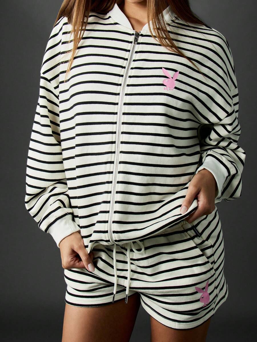 Missguided x Playboy 条纹全拉链运动衫，双口袋设计，家居服，长袖休闲针织，秋冬街头装，舒适休闲，日常必备时尚前卫 - 黑與白 - 查看 1