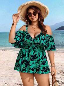 Swim Lushoire Plus Size Random Print Off Shoulder Adjustable Strap 2 Pieces Modest & Fashionable Tankini Swimsuit For Summer Beach Vacation - Green - View 5