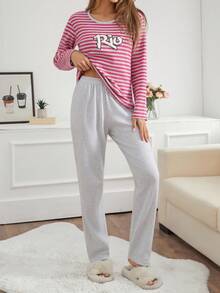 EURMUSE Set pigiama da donna composto da 2 pezzi, maglia a maniche lunghe con ricamo a lettere e pantaloni a costine a righe, comodo abbigliamento da casa e relax