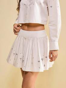 Muvela Fustă elegantă de culoare solidă cu strasuri pentru femei, toamnă/iarnă 2025, stil stradal vintage retro, stil casual Y2K, potrivită pentru birou, întâlniri, petrecere, călătorii, înapoi la școală - Caisă - Vizualizare 5