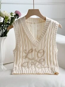 女式字母刺绣麻花V领休闲针织背心，秋季女装女式麻花针织背心 - 杏色 - 查看 6
