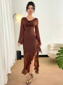 Modelyn Gaun Wanita Elegan Warna Cokelat Kopi Polos dengan Hem Bergelombang dan Belahan Tinggi untuk Musim Gugur, Gaun untuk Acara Pernikahan, Makan Malam, Kencan, dan Acara Lainnya - Coffee Brown - View 5