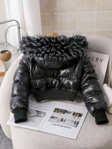 SHEIN 1pc Tween Girl High Waist Short Fitted Padded Coat, Detachable Furry Collar Hooded Casual Padded Coat For Autumn/Winter Fall