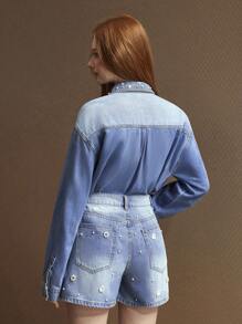 Selenza 2 件套女式牛仔套装，长袖上衣和阔腿短裤，夏季新款时尚水钻和珍珠花朵设计 - 藍色 - 查看 2