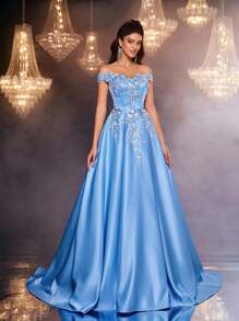 Glamrae 优雅奢华露肩彩色刺绣蕾丝拼布缎面长裙，适合婚礼、派对、度假、舞会、毕业典礼、正式场合（重刺绣） - 藍色 - 查看 7