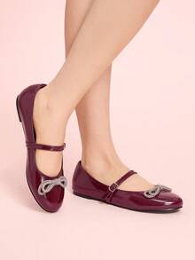 CUCCOO DOLLMOD Women's Wine Red PU Diamond Bow Decor T-Strap Cute Mary Jane Flats - Burgundy - View 5