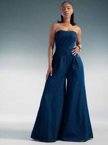 Denimoi 阔腿无袖牛仔连体裤 - 深色水洗藍 - 查看 1