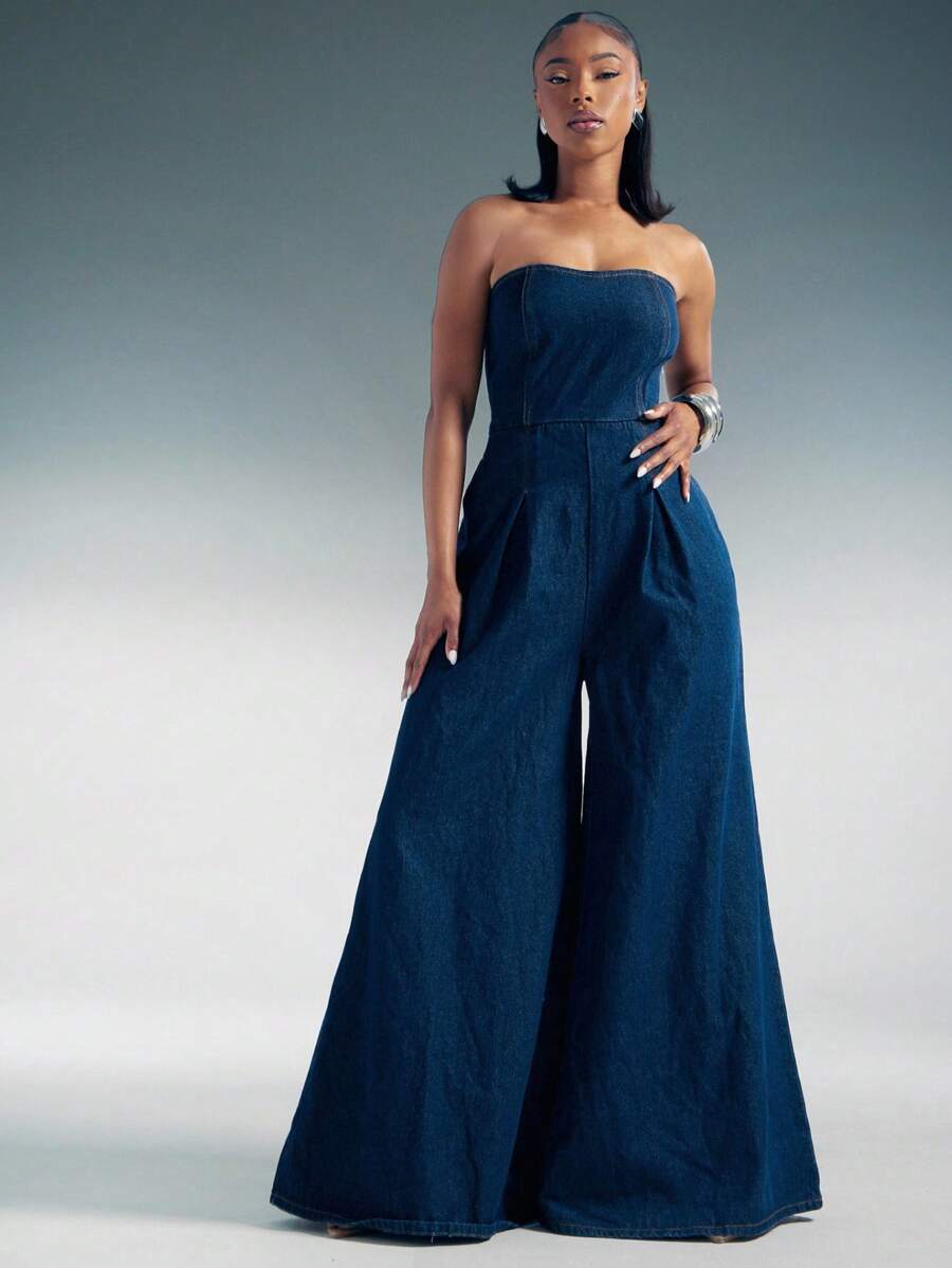 Denimoi 阔腿无袖牛仔连体裤 - 深色水洗藍 - 查看 1