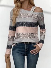 SHEIN LUNE Elegant Casual Faux Foil Graphic Print Oblique Shoulder Long Sleeve Loose Crew Neck Women Top T-Shirt Fall Cloth For Women - Multicolor - View 7