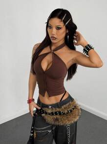 StreetHx Women's Hollow Out Design Single-Breasted Sexy Metal Decor Halter Top, Brown Top, Brown Halter Top, Fall Women Clothes