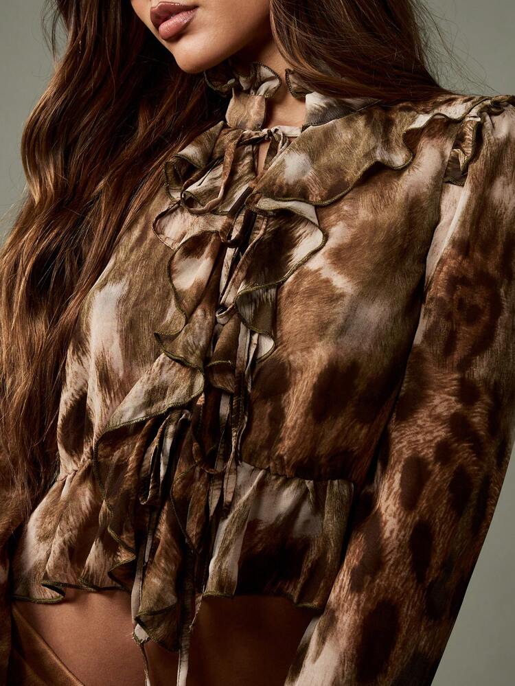 MISSGUIDED Victorian Style Ruffle Long Sleeve Blouse Tie Front Brown Animal Print Vintage Chiffon Festival Boho Top Fall Winter Fashion