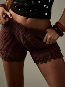 MISSGUIDED Crochet Knitted Hot Pants Festival Beach Shorts Summer Boho Chic Bohemian Crocheted Bottoms Holiday Vacation Resort Style Lounge Bottoms - Brown - View 5
