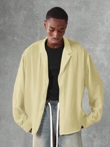 SUMWON Áo sơ mi cài nút ve xẻ tay dài nhẹ nhàng, rộng rãi, thoáng khí, thường ngày cho công sở, dạo phố mùa xuân hè - Màu vàng - Xem 2