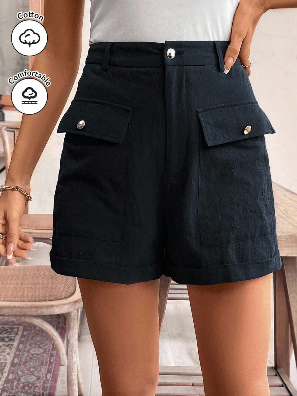 Women Summer Casual Hiking Shorts,High Waisted Linen Workwear Pocket Shorts For Office Wear,Black Comfy Dark Blue Daily Wear Fashion Bottoms