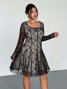 Firerie Plus Size Women Elegant Fitted Lace Rose Flared Mesh Patchwork Cocktail Party Formal Dress, Long Sleeve - Black - View 6