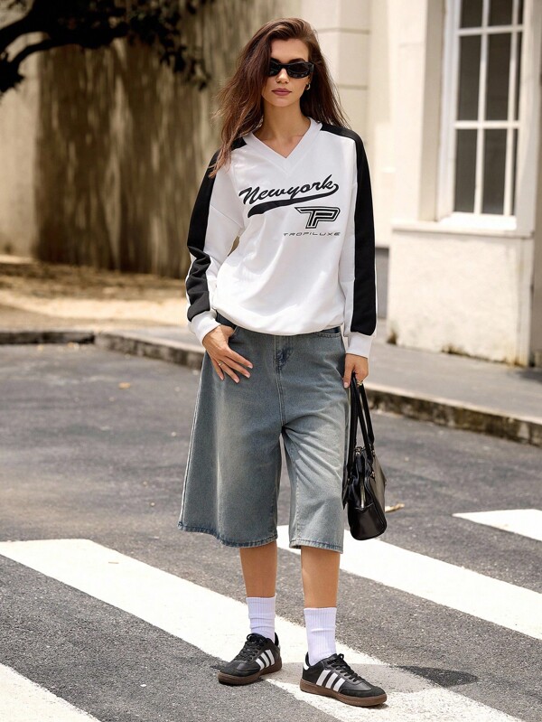 Hanevo Women's Fashion Casual Contrast Color Print V-Neck Long Sleeve Sweatshirt Fall Cloth For Women