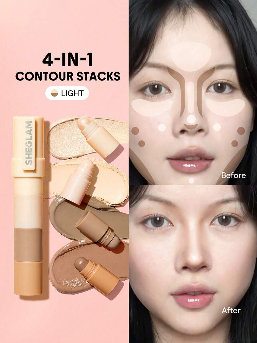 SHEGLAM 多重魅力臉部筆光 4 色輪廓棒 不油膩 持久自然高光 兩用 多用途塑形 撫平細紋 奶油般輪廓 品牌 美容 化妝 化妝品 適合女性與女孩 完美搭配冬季 Y2K 時尚 流行 生日禮物 假期 派對準備就緒 最佳顏色 - Light - 查看 1
