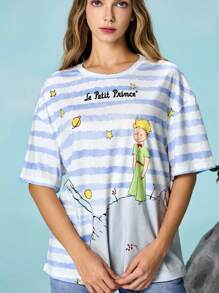 LE PETIT PRINCE X SHEIN Áo thun sọc xanh rộng rãi cho nữ, Trở lại trường, Áo đi học, Áo cơ bản, Họa tiết hoạt hình, Họa tiết chữ, Họa tiết hành tinh, Họa tiết cáo, Họa tiết màu nước, Áo thun mùa thu và mùa đông - Xanh và trắng - Xem 3