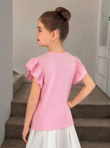 SHEIN Tween Girl Printed Mesh Patchwork Bow Graphic T-Shirt, Suitable For Summer - Baby Pink - View 6