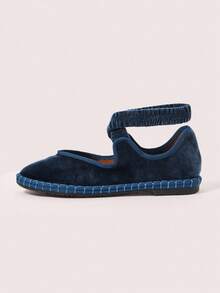 CUCCOO DOLLMOD CUCCOO Women's Navy Blue Velvet Comfortable Soft Criss-Cross Mary Jane Flats For Christmas Spring Shoes - Dusty Blue - View 2