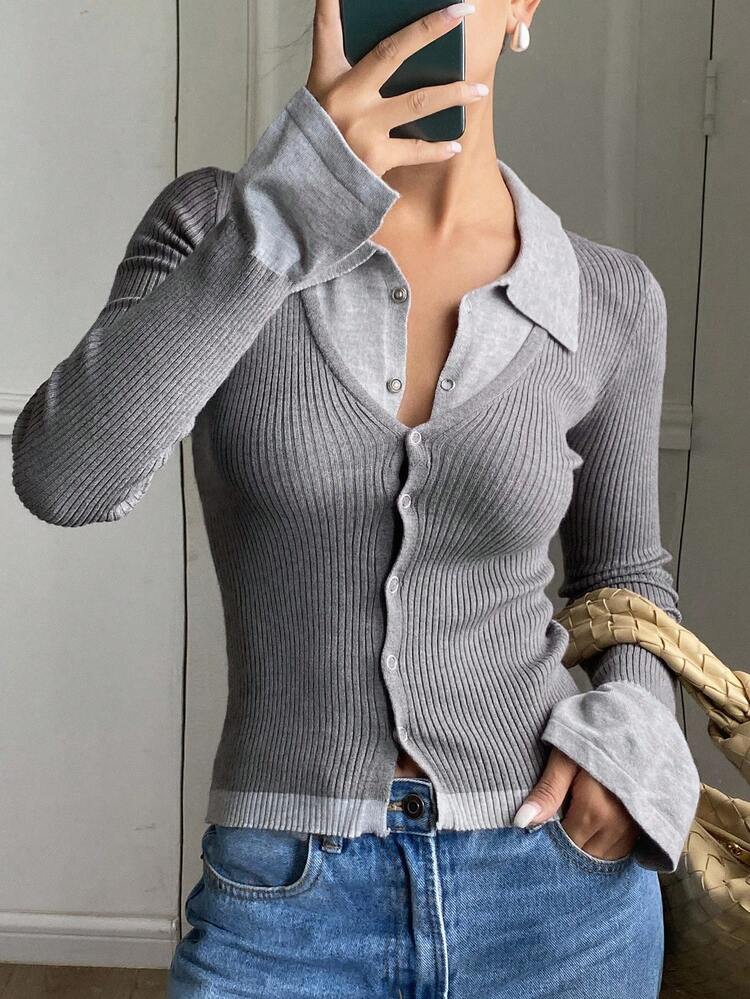 Women's Contrast Color Collared Pullover Sweater, Casual & Slim Fit Fall