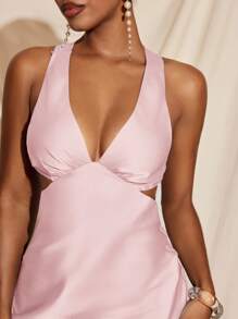 Amiko Pastel Pink Bias Drape Satin Slip Mini Dress With Tie Back Sexy Dress Elegant Summer Vacation - Pink - View 4