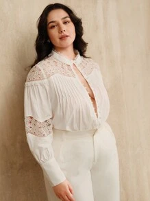 Anewsta 女士加大码优雅纯色蕾丝拼布衬衫 - 白色 - 查看 5