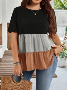 EMERY ROSE Áo thun dài tay cổ tròn phối màu cỡ lớn cho nữ cỡ lớn, tay ngắn, viền bèo nhún, thường ngày cho ngày của Mẹ vào mùa xuân và mùa hè. Áo phông cỡ lớn thường ngày cho nữ cỡ lớn, quần áo mùa thu cho nữ. - Nhiều màu - Xem 5