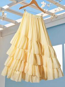 SHEIN Clasi 大码女式纯色弹性腰部分层荷叶边下摆半身裙 - 黃色 - 查看 2