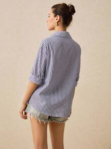 Poéselle Drop Shoulder Shirt Women's Long Sleeve Striped Shirt, Cute Summer Tops, Summer Women's Clothing, White Shirt, Fresh Casual Shirt, Button Closure, Covered Shirt, Lightweight And Breathable Made Of Comfy Material, Suitable For Holiday Going Out, Casual Daily 100% Cotton