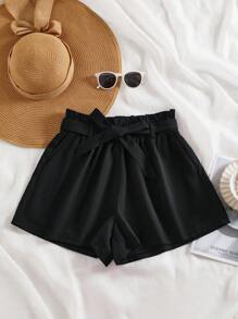 INAWLY Women Solid Color Waist Band Paper Bag Waist Casual Shorts