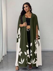 SHEIN Unity Áo khoác tay lửng họa tiết hoa chắp vá màu tương phản cỡ lớn - màu xanh lá - Xem 2