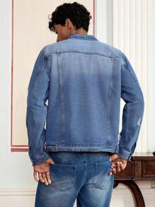 SWAVVY Casual Fashion Versatile Simple Long Sleeve Men's Denim Jacket, Plain, Flap Pocket & Ripped Detail, Grunge, Urban, Work - Blue - View 2