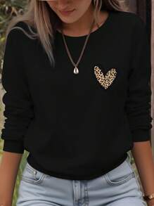 EMERY ROSE Minimalist Leopard Print Heart Graphic Round Neck Long Sleeve Sweatshirt, Plus Size Pullover Fall Winter Autumn - Black - View 1
