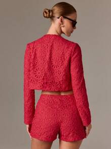 AiiRZ Crochet Lace Co Ord Set Floral Pattern Buttoned Crop Top High Waist Shorts Festival Summer Beach Party Occasion Two Piece Outfit - Red - View 2