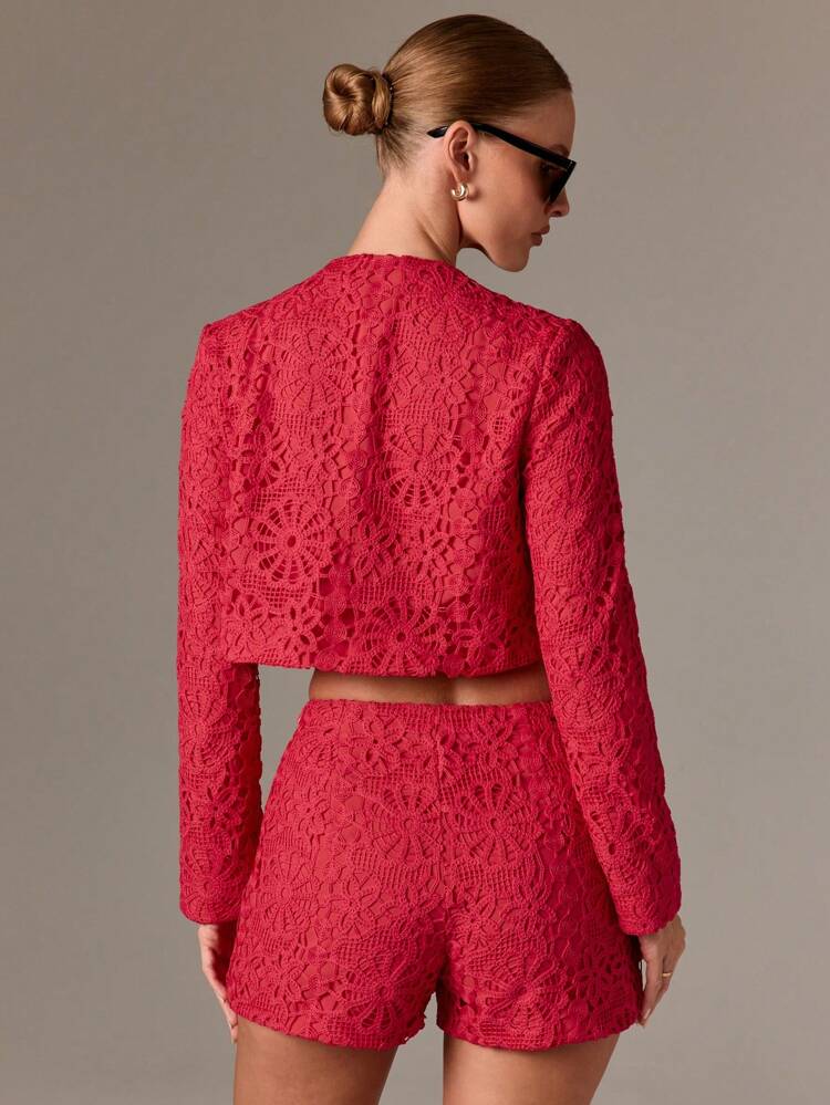 Floral Crochet Lace Crop Top And Shorts Set