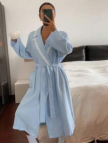 DAZY Contrast Trim Textured Chiffon Fabric Women Sleepwear Robe, Fall Pajama, Winter - Baby Blue - View 1