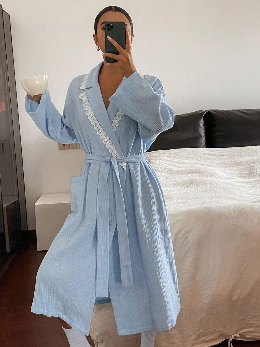 DAZY Contrast Trim Textured Chiffon Fabric Women Sleepwear Robe, Fall Pajama, Winter - Baby Blue - View 1