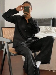 DAZY 缎面条纹提花女士单排扣上衣和裤子睡衣套装，秋冬服装 - 黑色 - 查看 6