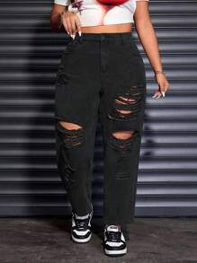 SHEIN CURVE+ Plus Size Women Non-Stretch Fashionable Sexy Ripped Cone Jeans Women Spring Outfits - Black - View 5
