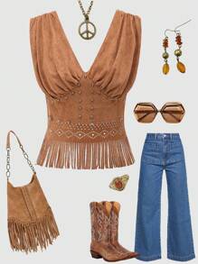 LanaWest Women's New Brown Retro Faux Suede V-Neck Ruched Waist Zipper Bohemian Hollow Tassel Western Casual Vacation Tank Top, Summer/Autumn - Brown - View 1