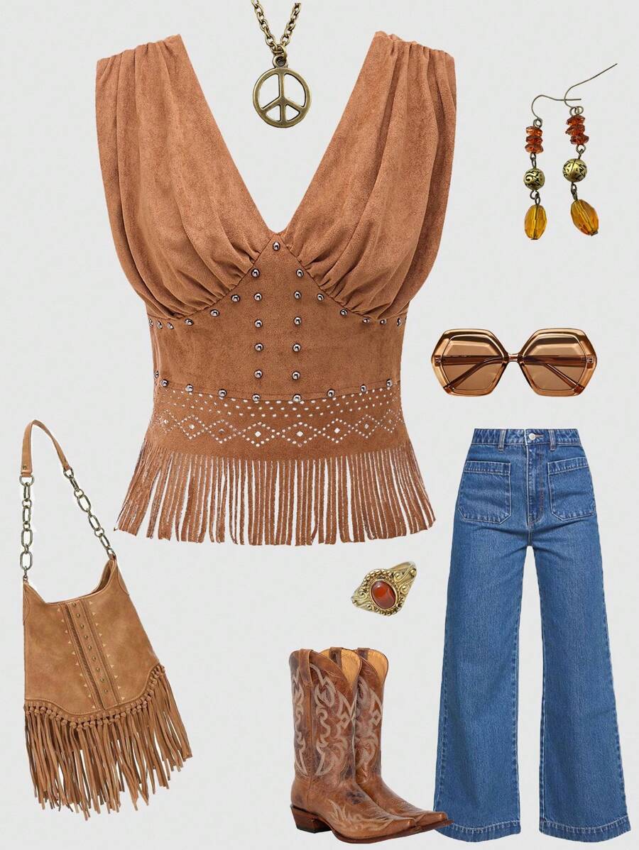 LanaWest Women's New Brown Retro Faux Suede V-Neck Ruched Waist Zipper Bohemian Hollow Tassel Western Casual Vacation Tank Top, Summer/Autumn - Brown - View 1