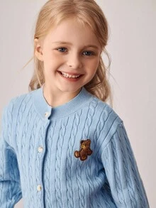 PrepCrw 少女学院风小熊刺绣贴片针织开衫 - 藍色 - 查看 4