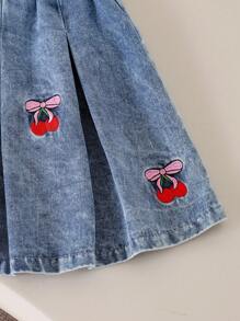 Genkimix Kids 2pcs/Set Young Girls Cute Round Neck Knitted Cherry Embroidered Sleeveless Top And Denim Pleated Embroidered Denim Skirt, Sweet And Lovely Summer Outfit Fall Winter - Black - View 3